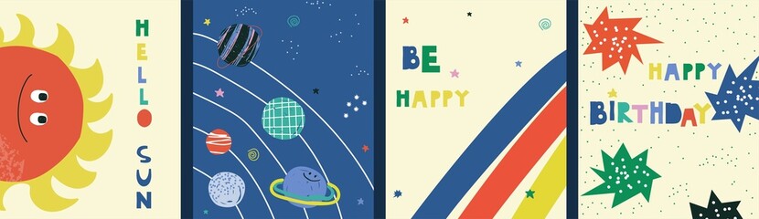Set of funny bright childish cards or posters. Trendy cosmic typography banners. Vector hand drawn illustration. - 513148501