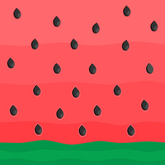 Vector illustration with green and red stripes and black seeds watermelon. Summer background for decorations and card, poster, scrapbooking, Eco bag or package design.