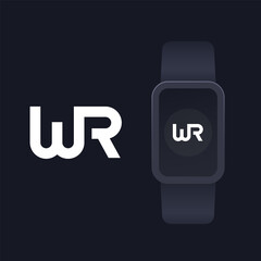 WR monogram, letters, logo design with smart watch mockup
