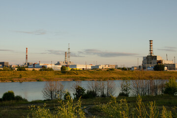 Npp in Kurchatov at sunset. Nuclear power plant in the Kursk region