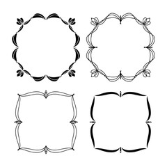Set of 4 square vintage frames. Silhouette and outline hand drawn frames with isolated on white background. Doodle frames for invitations, greeting cards, web.