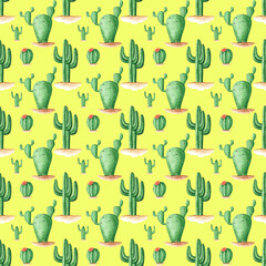 Watercolor cactus seamless pattern on a yellow background. Hand-drawn succulent endless print. Mexican Green plant. Cute tropical print. Fiesta decoration art.