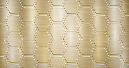 Abstract metallic background in golden colors with highlights and a big voluminous convex hexagonal plates