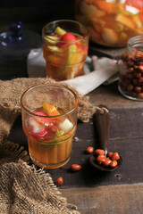 Asinan Buah Bogor or Rujak Buah, Fruit Pickle Made from Sliced Fresh Tropical Fruits On Sweet, Sour and Spicy Red Soup.