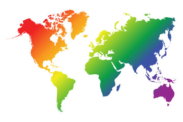 Lgbt world map with gradient rainbow colors. Transparent background.