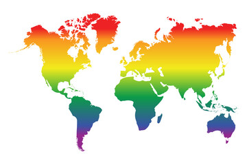 Lgbt world map with gradient rainbow colors. Horizontal lines. Transparent background.
