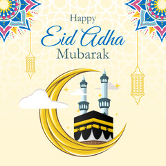 Eid al-Adha Poster Design with Beautiful and Elegant Ka'ba and Mandala Buildings. Minimalist Vector Design Free Vector
