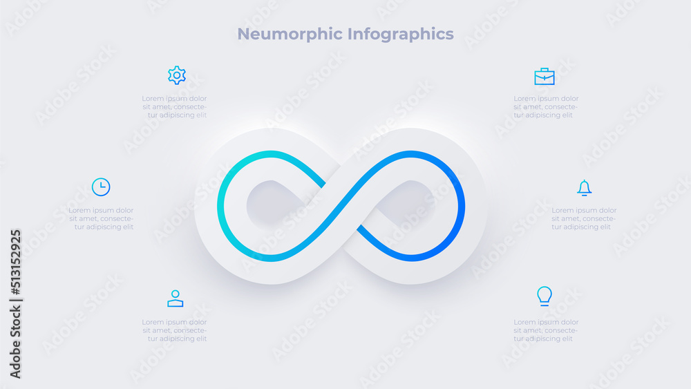 Poster Neumorphic infinity infographic. Business data visualization with 6 steps. Concept of development process.