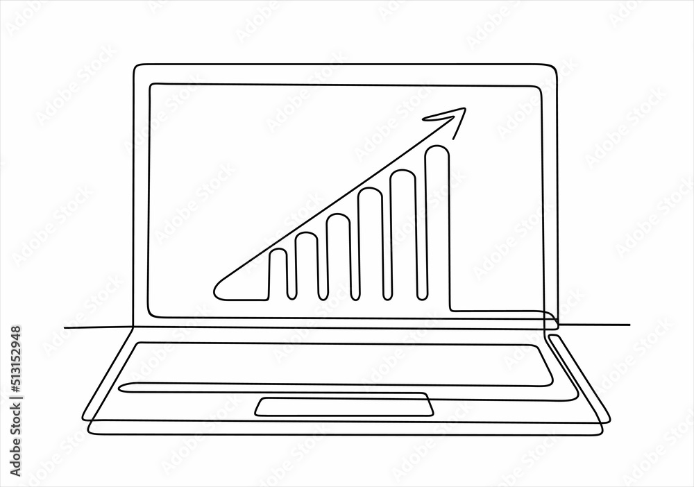 Wall mural One continuous line drawing of computer laptop with a chart on it. Single line draw design vector illustration