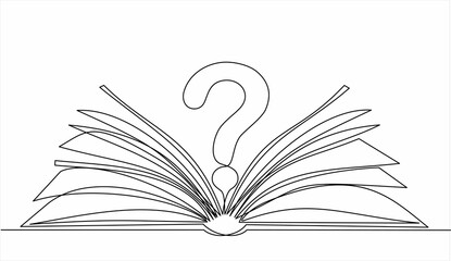 Continuous line vector illustration of book with question mark on white background,concept of answers in the book. Stroke Line, Icon or Emblem trendy linear style.