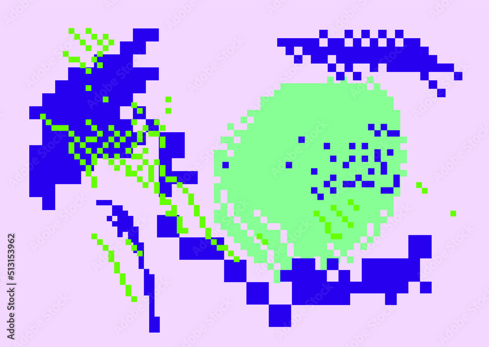 Poster trendy vaporwave background with pixel art chaotic composition. concept of a glitchy computer screen
