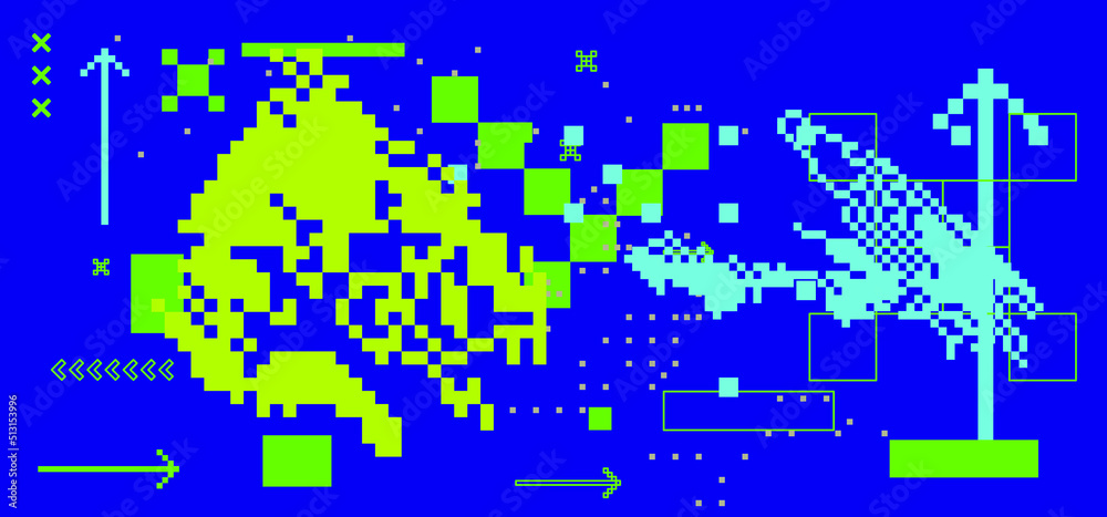 Poster trendy vaporwave background with pixel art chaotic composition. concept of a glitchy computer screen