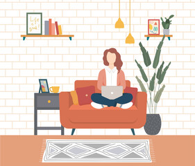 Girl with a laptop sits in a comfortable chair. Home office concept. Woman works at home sitting on the couch. Student or freelancer in a modern room. Vector illustration in a flat cartoon style.