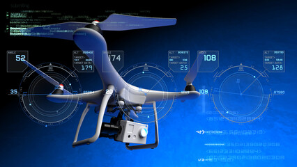 Powerful  black drone loaded with some of most advanced imaging and flight technologies with technology HUD blue elements under blue-black background. Concept image of video production. 3D CG.