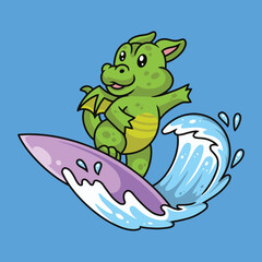 Cute dragon surfing in sea cartoon premium vector