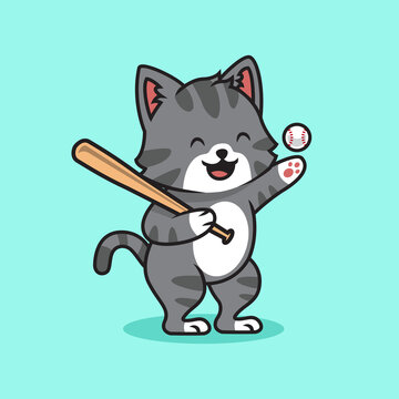 Cute cat playing baseball cartoon premium vector