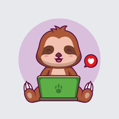 Cute sloth operating laptop cartoon illustration