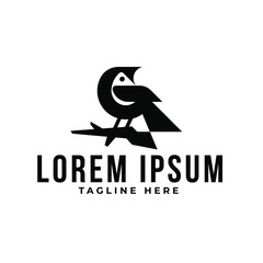 logo bird perched on a branch premium vector. Black bird logo