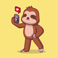 Cute sloth playing phone cartoon illustration