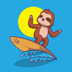Naklejka premium Cute sloth playing surfing cartoon illustration