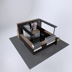 3D illustration of a modern food kiosk against a black and white background. Food preparation is in the middle and customers can get around it
