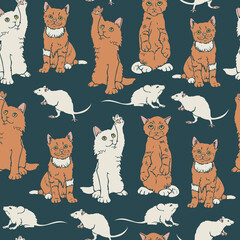 Vector seamless pattern with ginger cats and white mice and rats. Design with hand drawn animals.