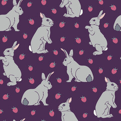Vector seamless pattern with bunnies and strawberries. Cute design with rabbits.