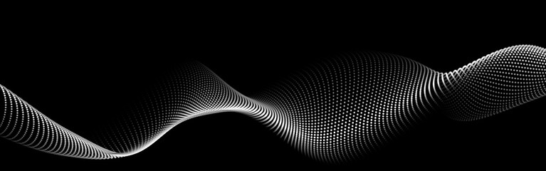 Wave of flowing particles on a dark background. Abstract backdrop with dynamic elements of waves and dots. Vector