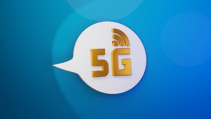 5G-Icon auf einer weissen Sprechblase mit blauem Hintergrund, 3D-Rendering