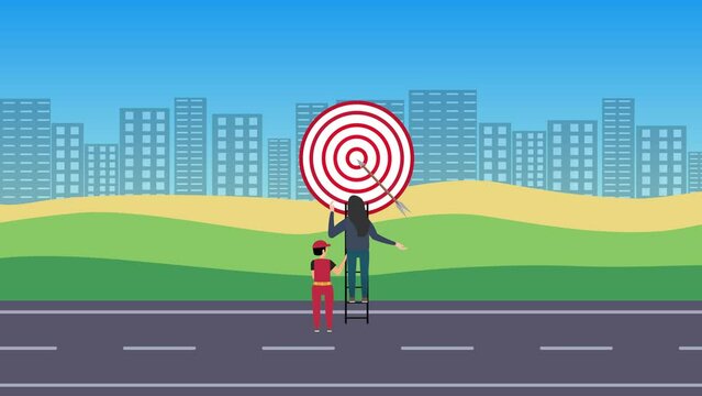 A female character places an arrow on a dartboard 4K animation. Male flat character helping a woman on an urban road 4K footage. Cityscape background with flat character and dartboard animation.