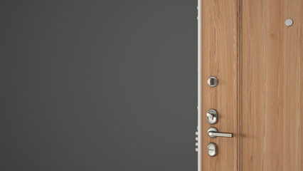Obraz premium Wooden entrance door opening on empty gray background with copy space, concept interior design