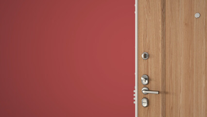 Wooden entrance door opening on empty red colored background with copy space, concept interior design