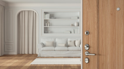 Fototapeta premium Wooden entrance door opening on classic living room with parquet and molded walls, white fabric sofa and carpet, interior design concept idea