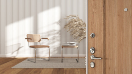 Wooden entrance door opening on contemporary waiting sitting room with rattan armchairs, wallpaper, capet and decors, interior design concept idea