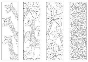 Coloring bookmarks for kids with the giraffe. Cute animal and palms.