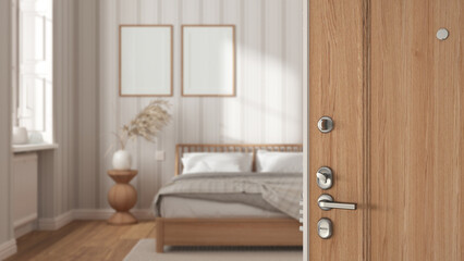 Wooden entrance door opening on contemporary bedroom with wooden bed and frame mockup, wallpaper, capet and decors, interior design concept idea