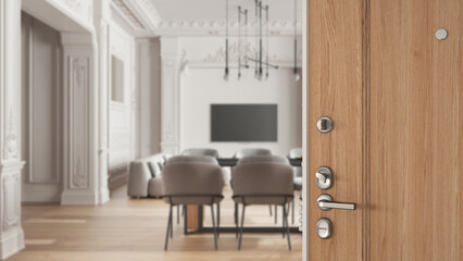 Wooden entrance door opening on classic living room with parquet and molded walls, dining table with armchairs, interior design concept idea