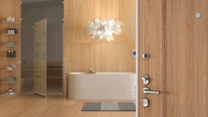 Wooden entrance door opening on modern spa bathroom, freestanding bathtub, sauna, parquet and pendant lamp, interior design concept idea
