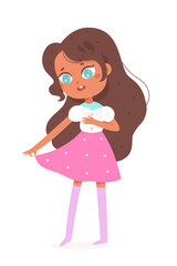 Girl trying on new summer clothes, choosing outfit, cute kid holding skirt with fingers