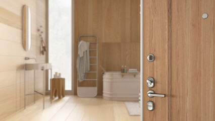 Fototapeta na wymiar Wooden entrance door opening on modern scandinavian bathroom, freestanding bathtub, washbasin, towel rack and decors, interior design concept idea