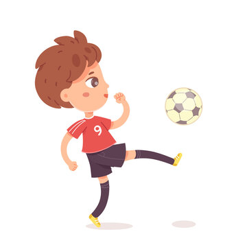 Cute boy soccer player playing, isolated cheerful kid in sport uniform kicking ball