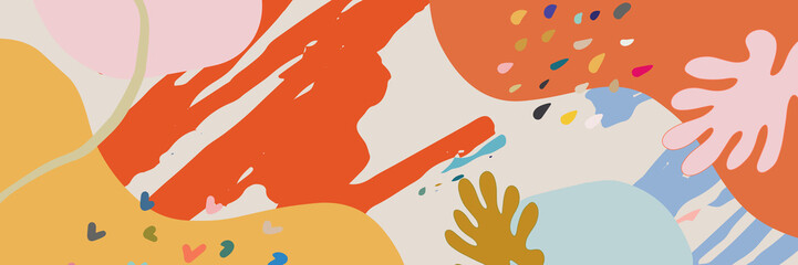 Minimal long vector banner in Scandinavian color theme. Abstract organic floral background with copy space for text. Social media cover template