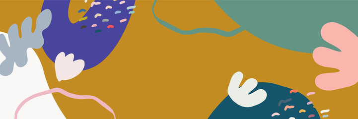 Minimal long vector banner in Scandinavian color theme. Abstract organic floral background with copy space for text. Social media cover template