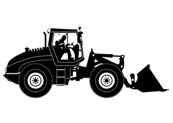 Silhouette of a heavy-duty wheeled loader with an operator. Vector.