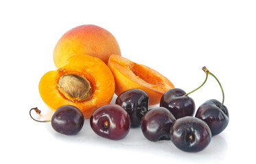 Naklejka na ściany i meble Apricot and cherry isolated on white background