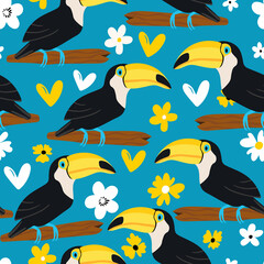 Obraz na płótnie Canvas Seamless pattern with cute cartoon toucan bird on branch. Vector illustration for wallpaper, fabric, textile. Summer exotic print. Tropical toucan with floral monstera leaves