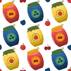 Pattern of jam jars with strawberries, blueberries and cherries in a flat style. reverse image.