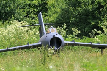 An old military plane on a blooming meadow