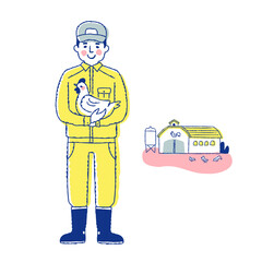 鶏を抱いている養鶏農家の男性と養鶏場