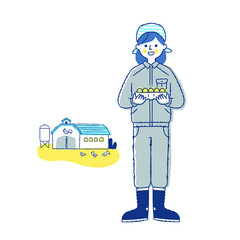 卵を持っている養鶏農家の女性と養鶏場